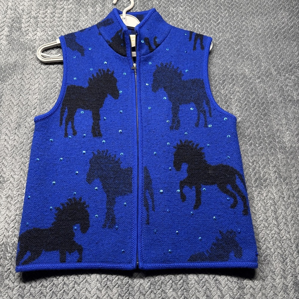 VTG Tally Ho 100% Boiled Wool Vest Size Medium‎ Equestrian Horses Blue Sequin